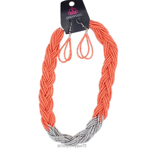 Paparazzi Women's Brazilian Brilliance Orange Silver Seed Bead Braided Necklace - Picture 1 of 4